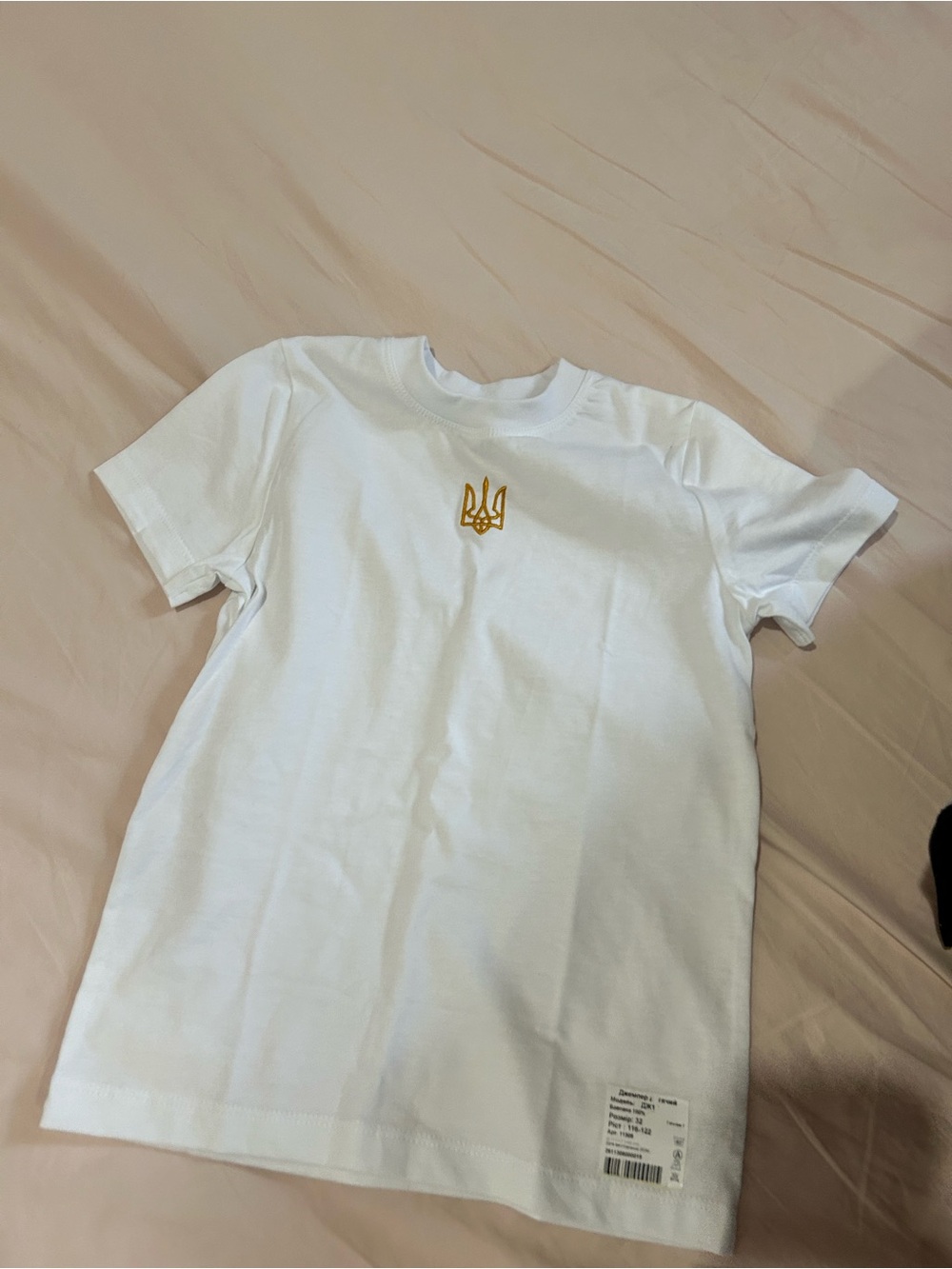 Ukrianian embroidered tryzybKids' White short Sleeve Tee with Gold Crest Accent
